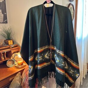 Aztec Green Patterned Poncho with Fringe one size with leather bolero belt